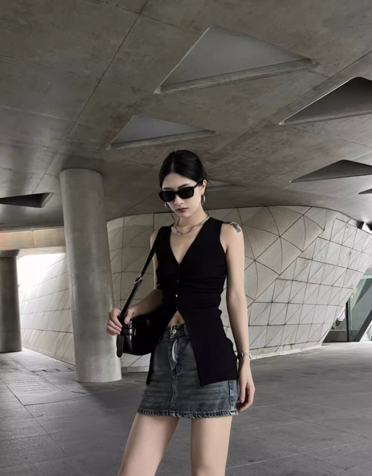 Black V-Neck Buttoned Front Slit Top