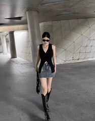 Black V-Neck Buttoned Front Slit Top