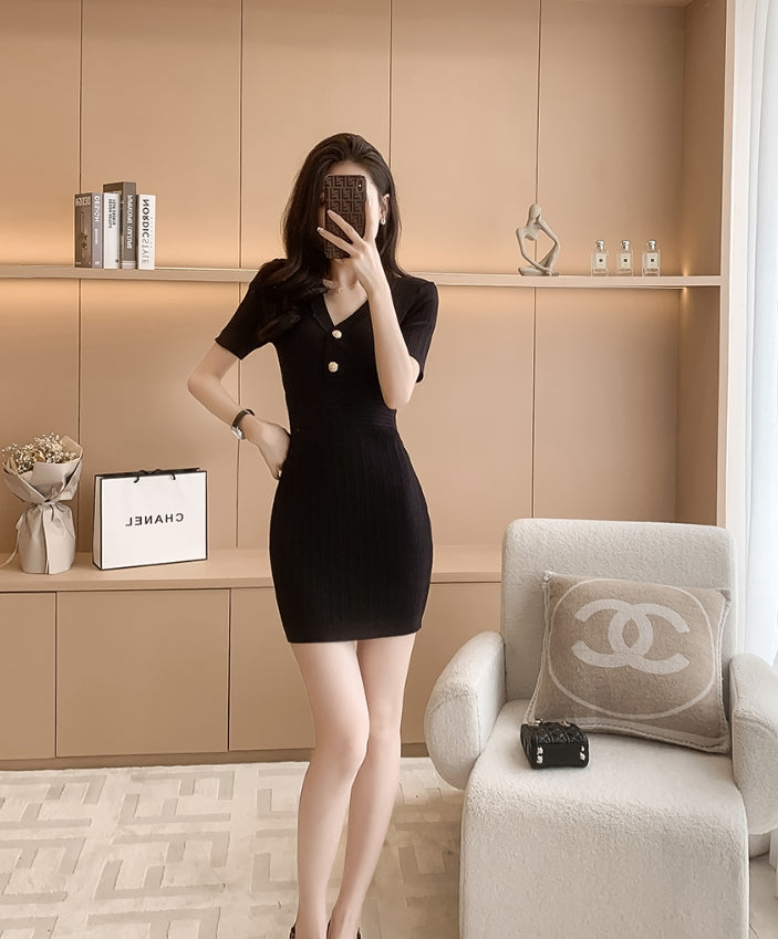 Black V-Neck Gold Buttoned Dress