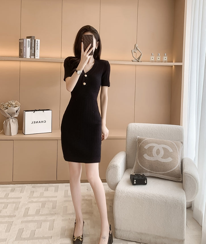 Black V-Neck Gold Buttoned Dress