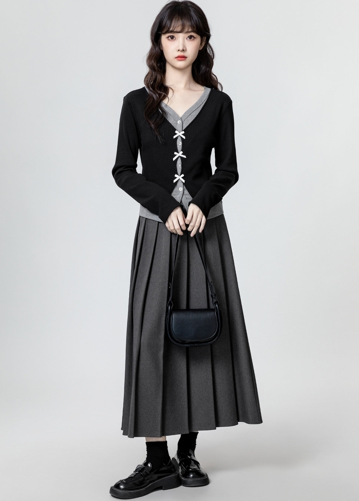 Black V Neck Long Sleeve Bow Design Slim Top