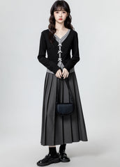 Black V Neck Long Sleeve Bow Design Slim Top