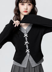 Black V Neck Long Sleeve Bow Design Slim Top