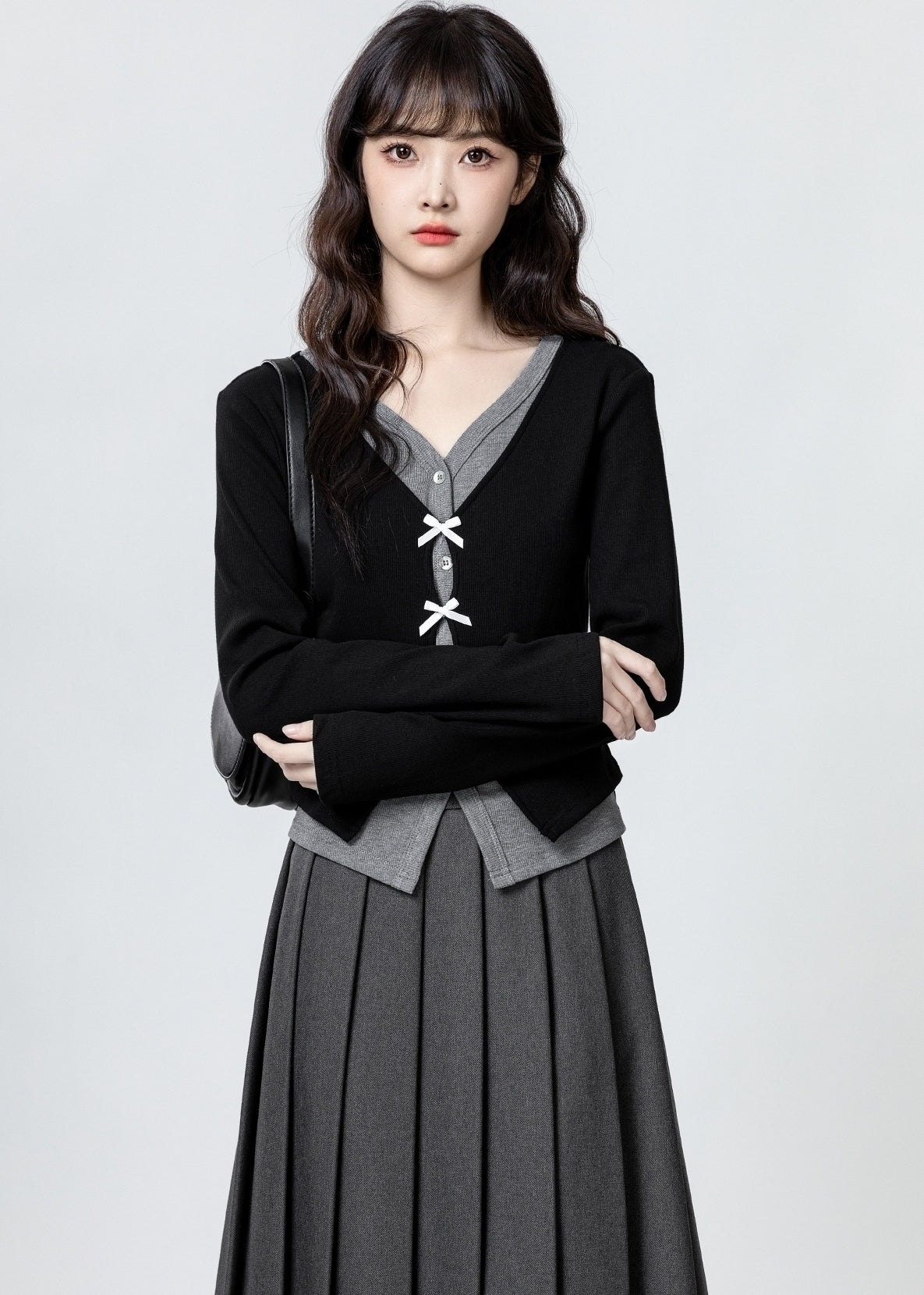 Black V Neck Long Sleeve Bow Design Slim Top