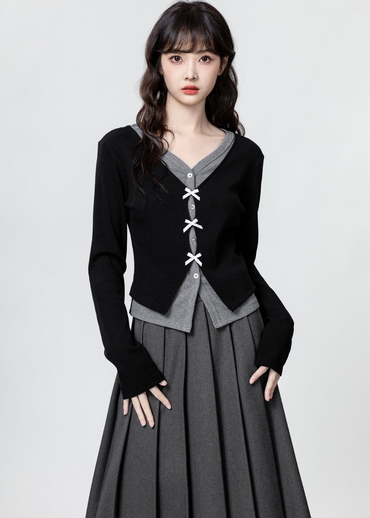 Black V Neck Long Sleeve Bow Design Slim Top