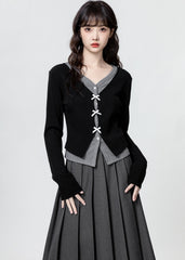 Black V Neck Long Sleeve Bow Design Slim Top