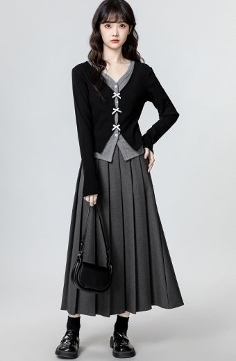 Black V Neck Long Sleeve Bow Design Slim Top
