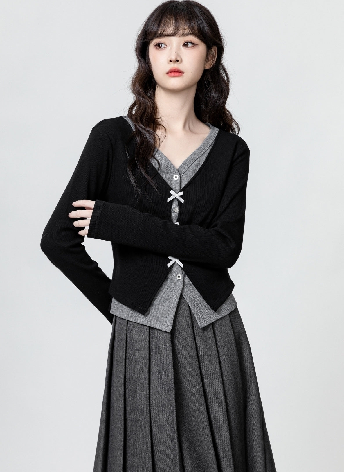 Black V Neck Long Sleeve Bow Design Slim Top