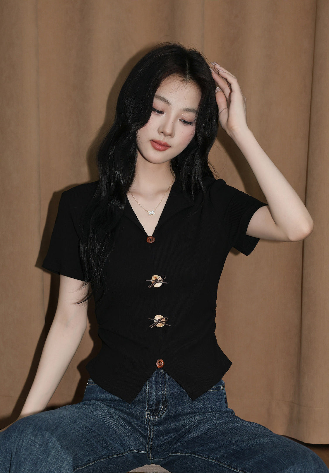 Black V Neck Split Hem Slim Fit Top