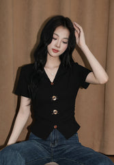 Black V Neck Split Hem Slim Fit Top