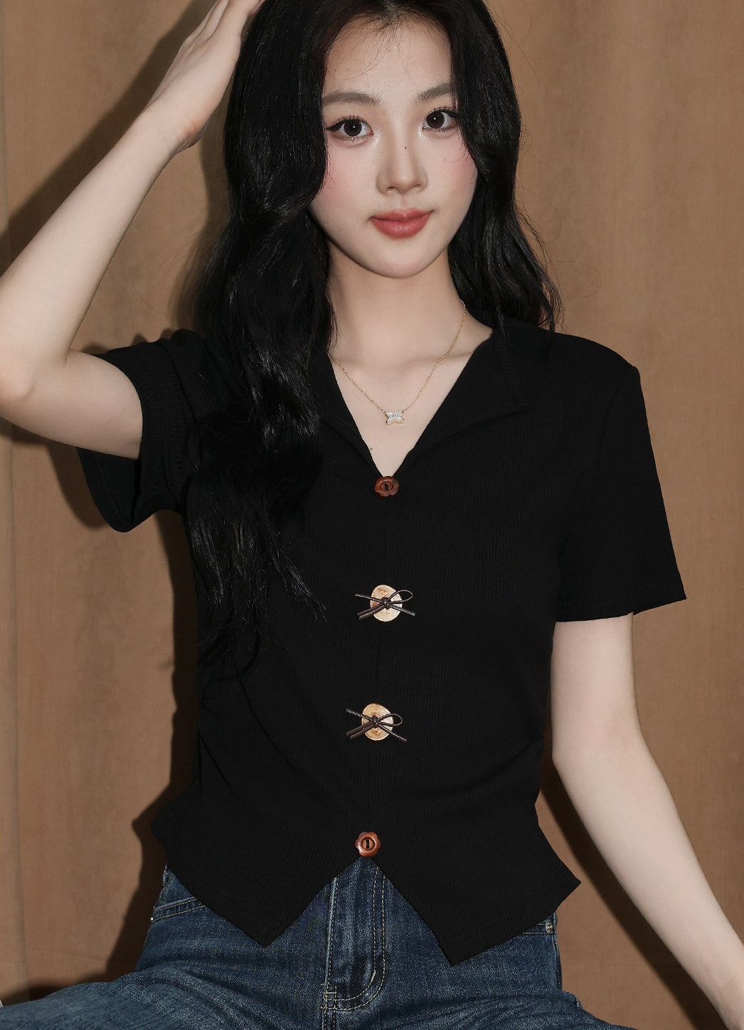 Black V Neck Split Hem Slim Fit Top