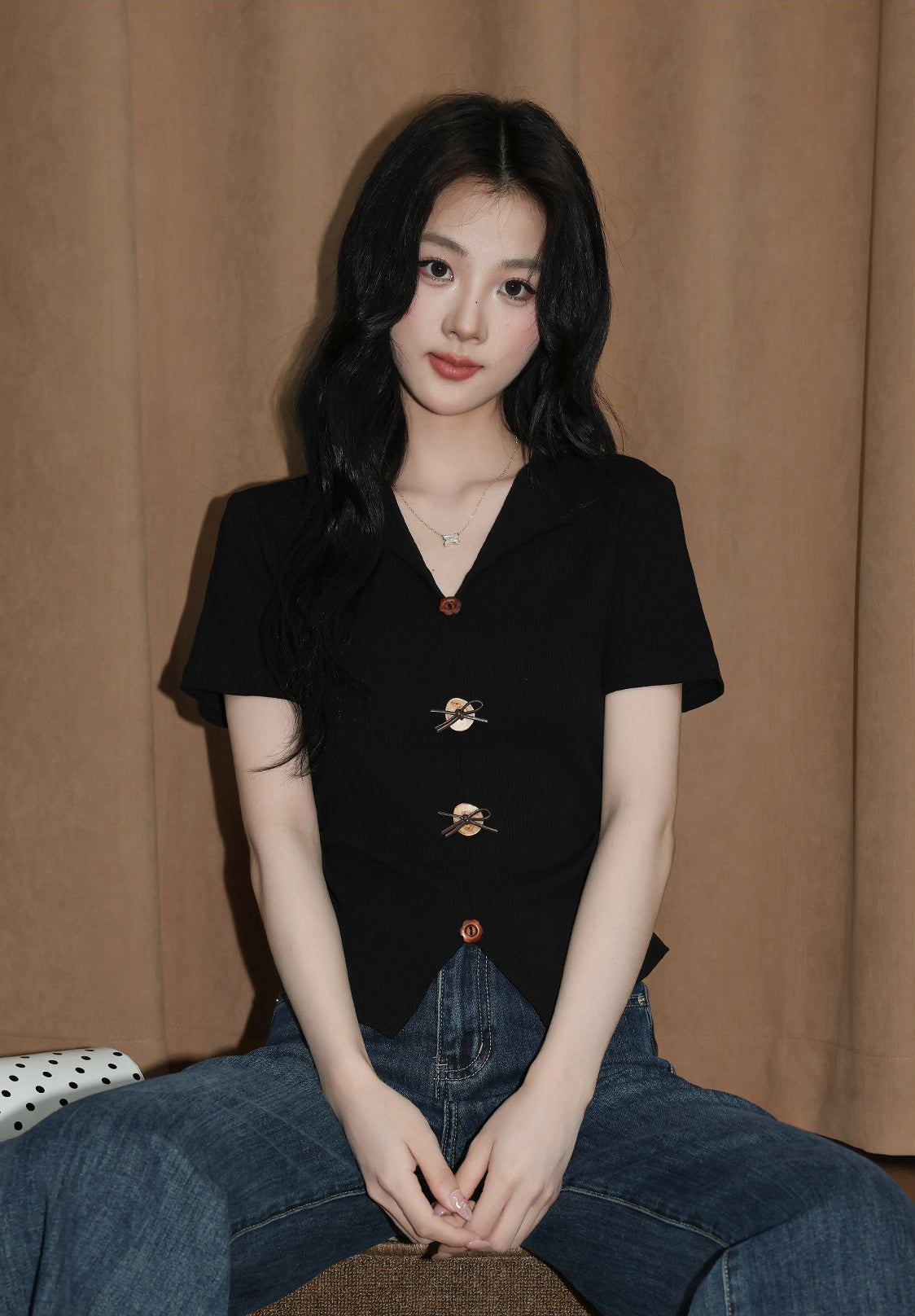 Black V Neck Split Hem Slim Fit Top