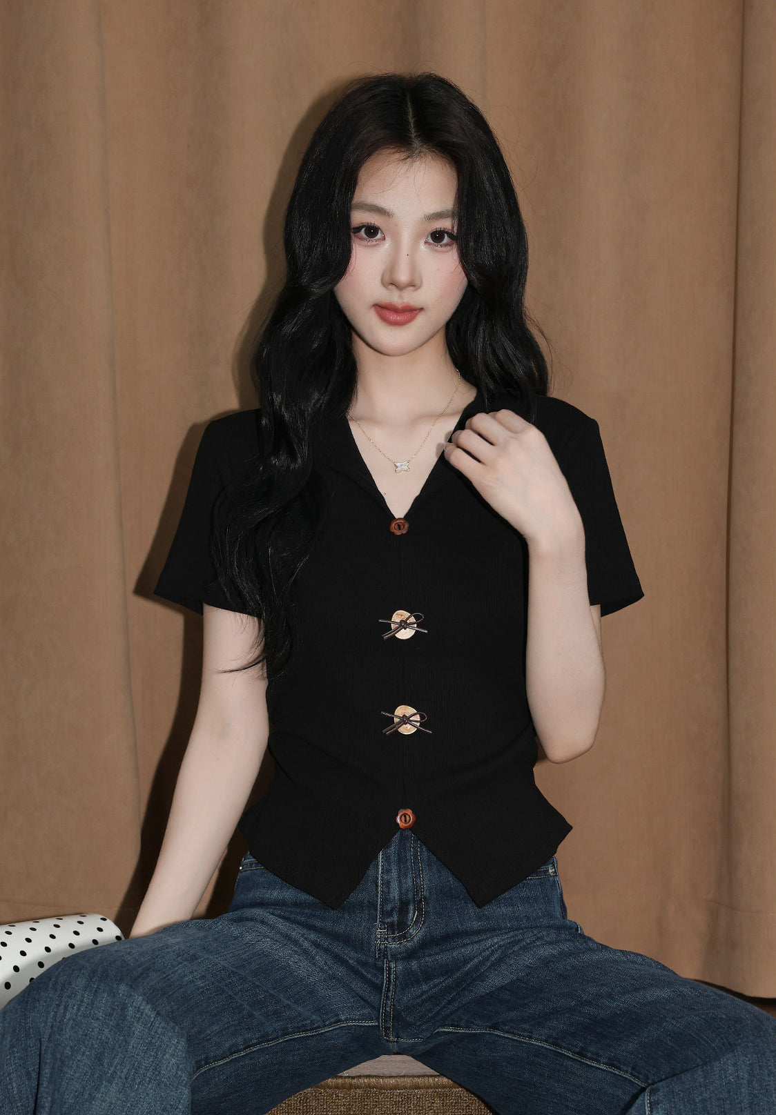 Black V Neck Split Hem Slim Fit Top