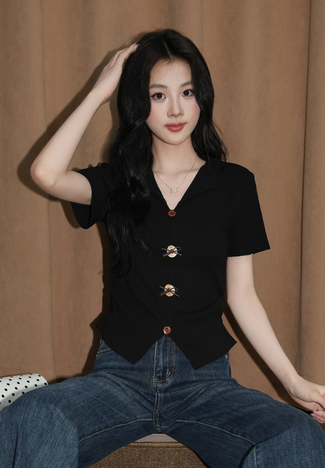 Black V Neck Split Hem Slim Fit Top