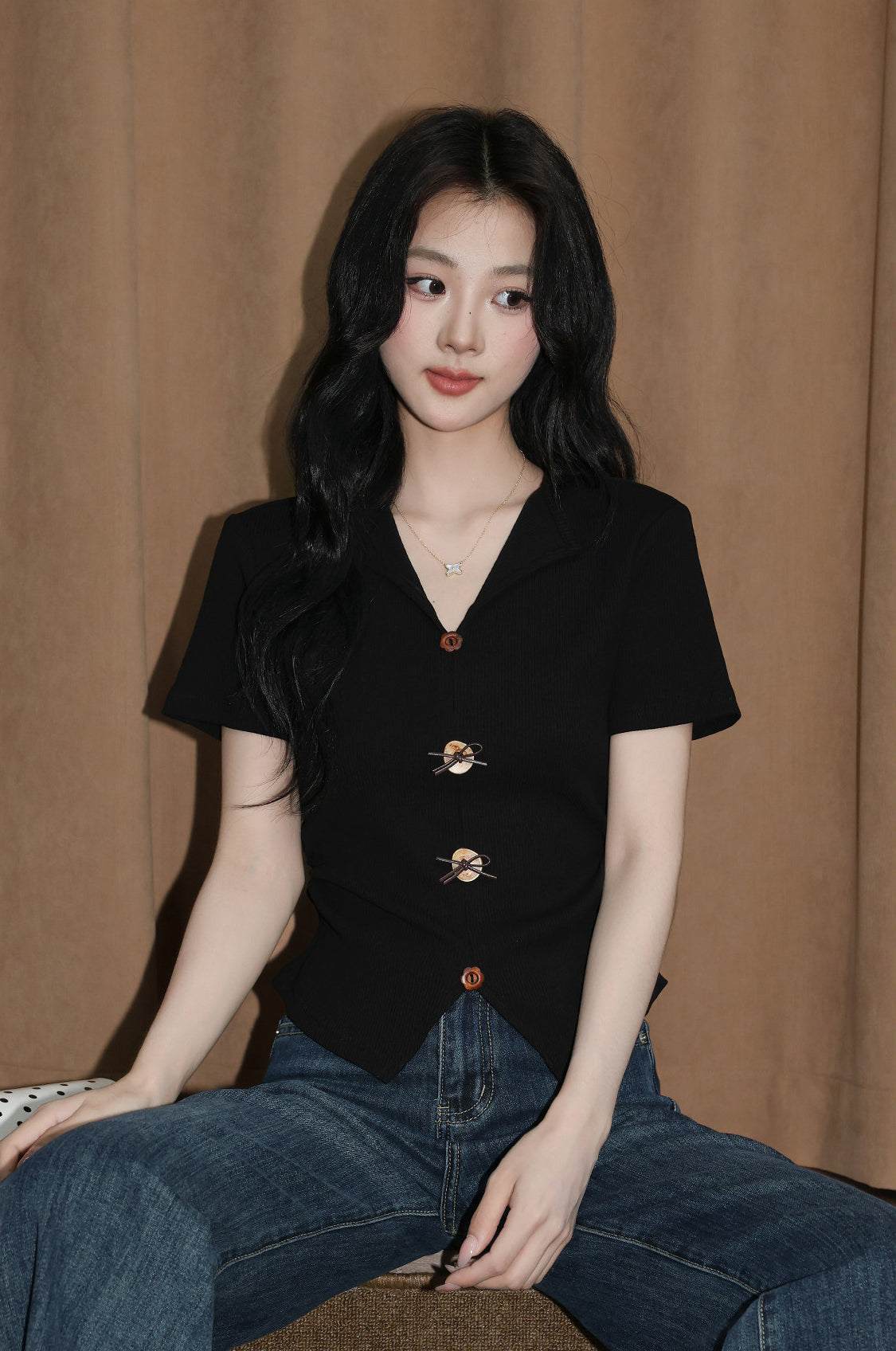 Black V Neck Split Hem Slim Fit Top