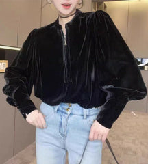 Black Velvet  Lantern Sleeves Top