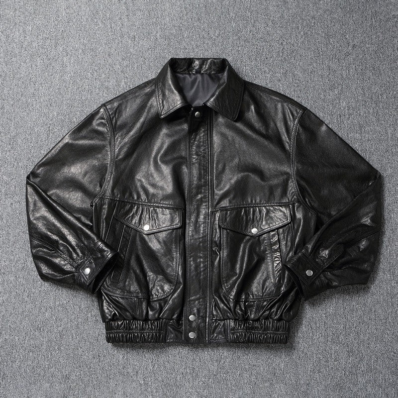 Black Vintage Collared Leather Jacket