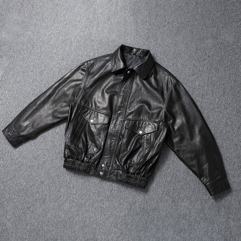 Black Vintage Collared Leather Jacket