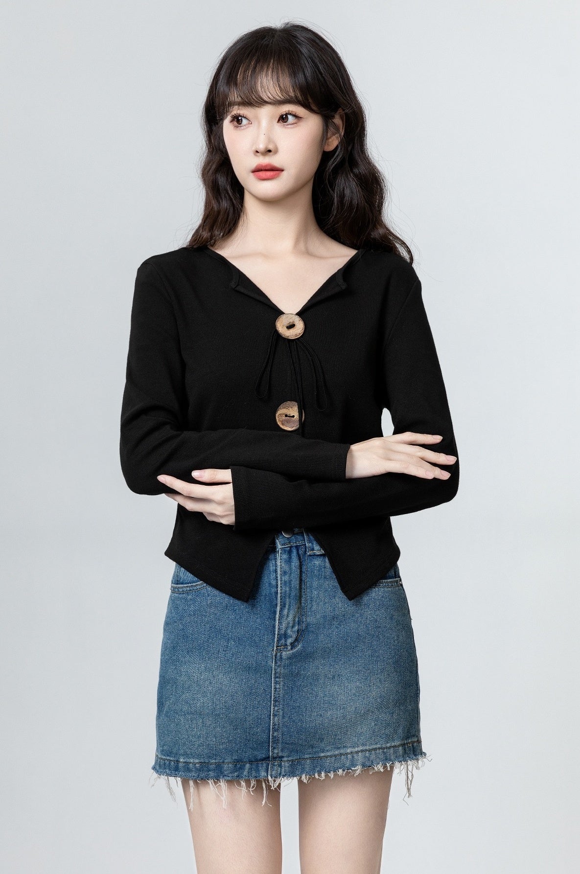 Black Vneck Irregular Long Sleeve Shirt