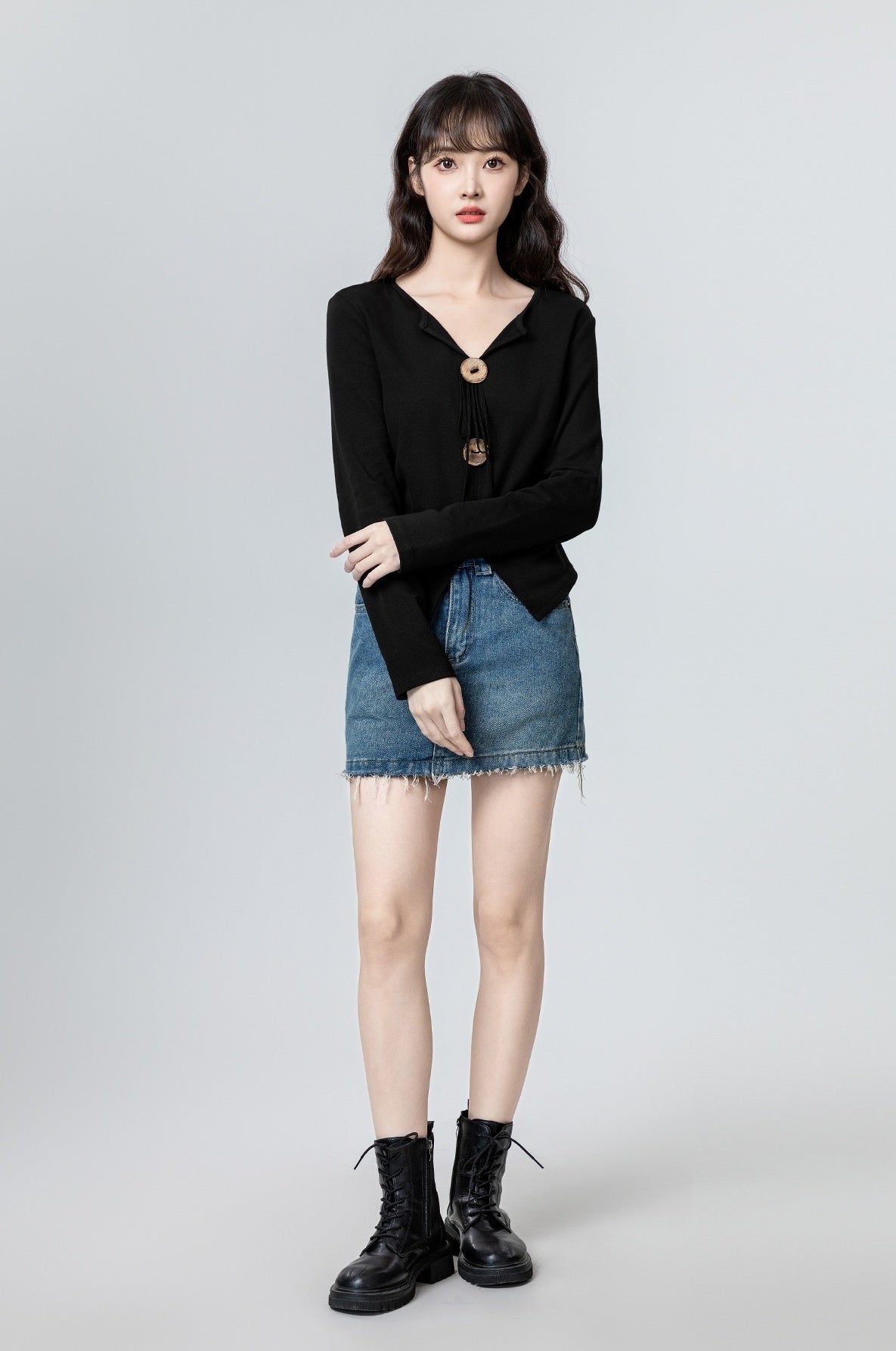 Black Vneck Irregular Long Sleeve Shirt