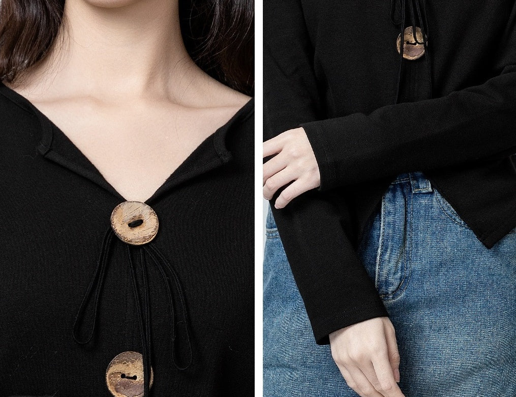 Black Vneck Irregular Long Sleeve Shirt