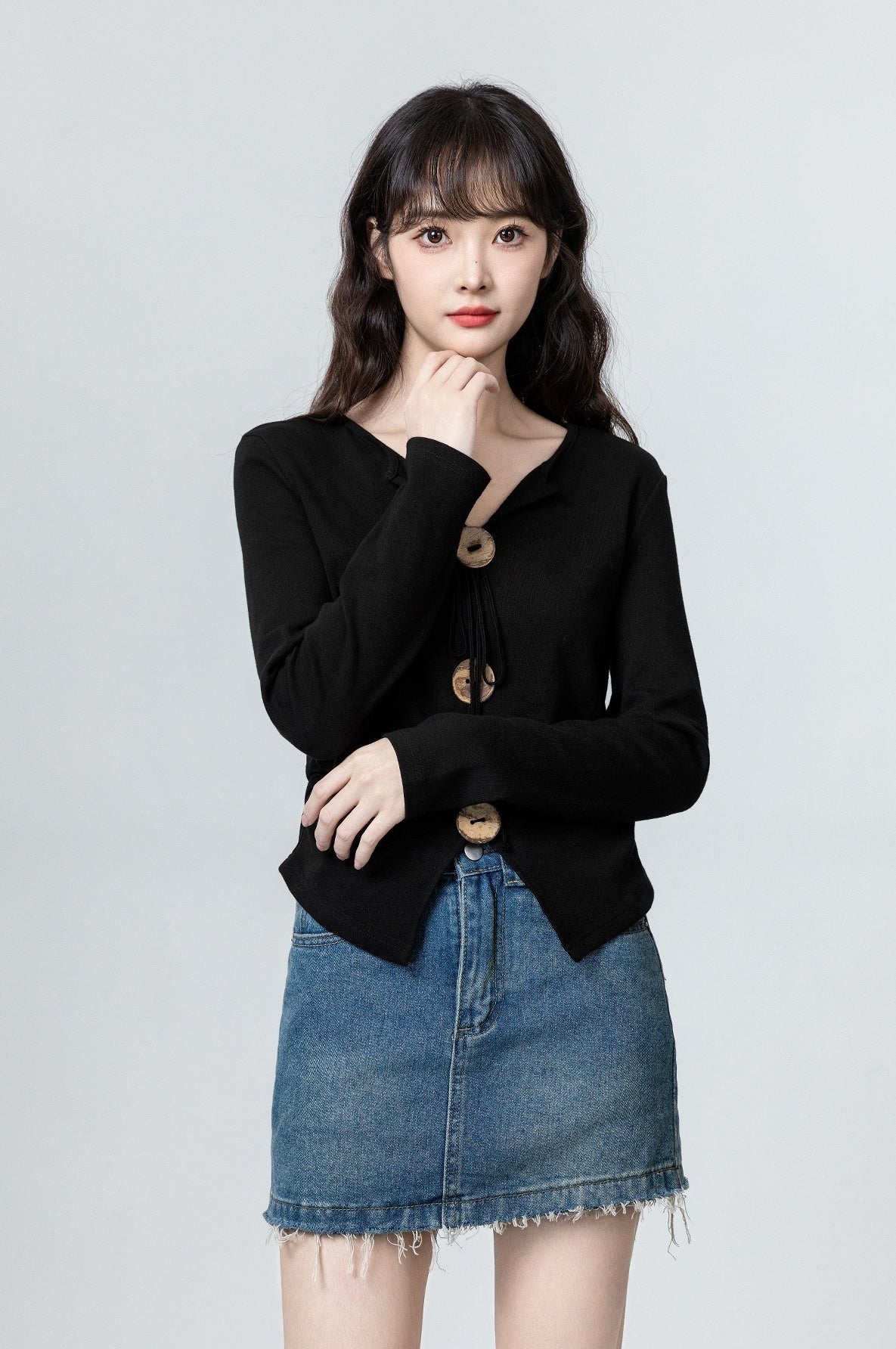 Black Vneck Irregular Long Sleeve Shirt