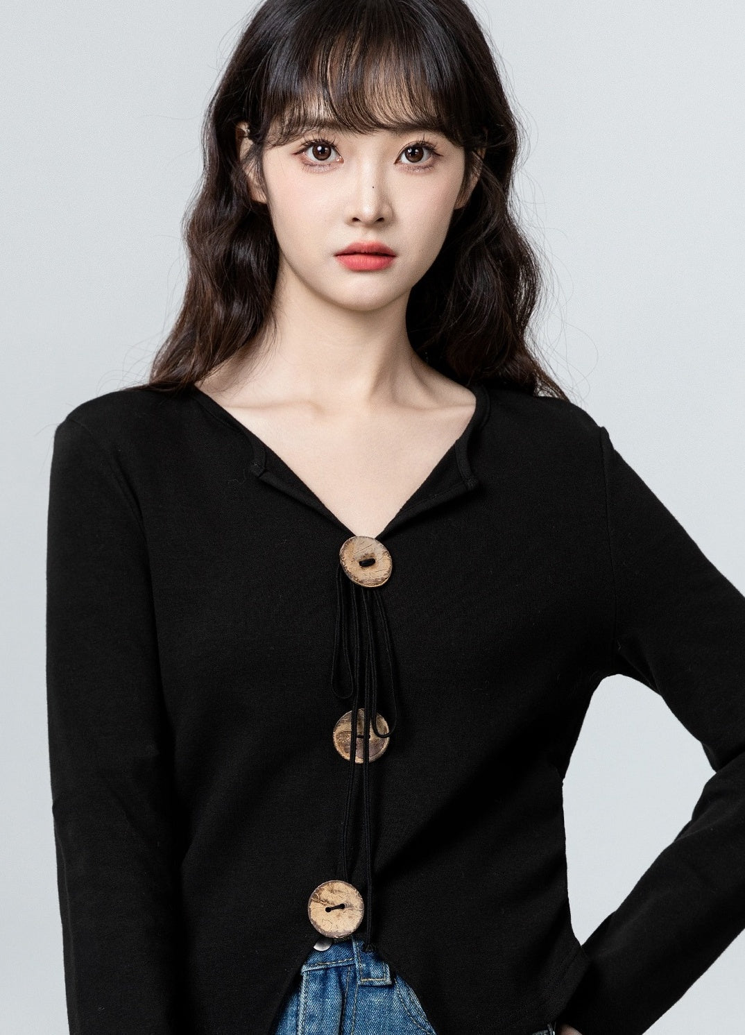Black Vneck Irregular Long Sleeve Shirt