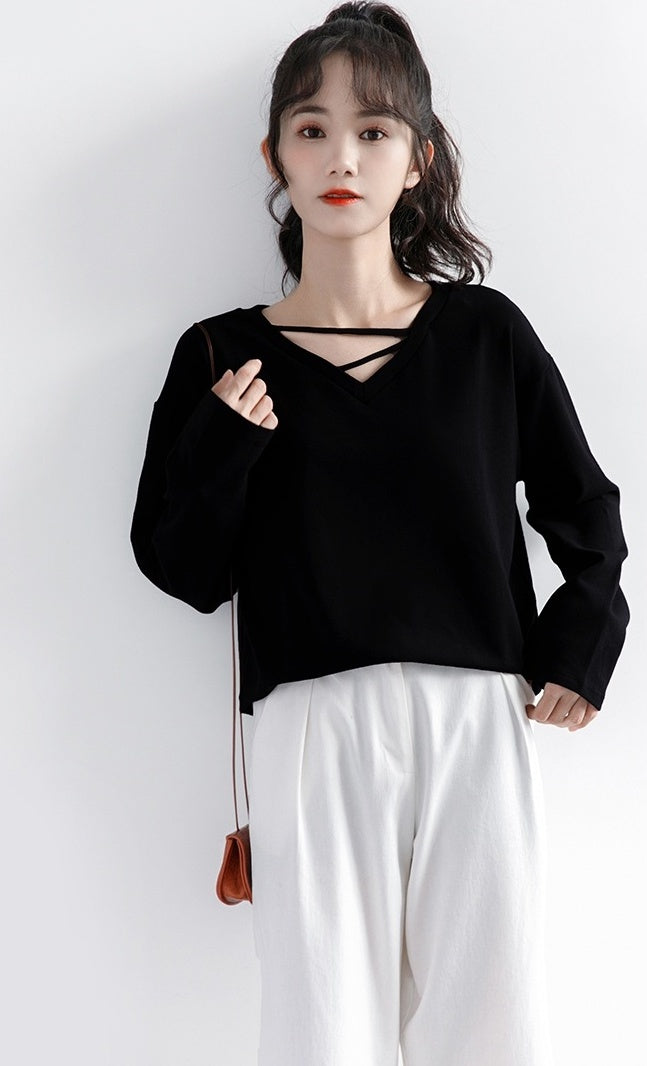 Black Vneck Long Sleeve Top
