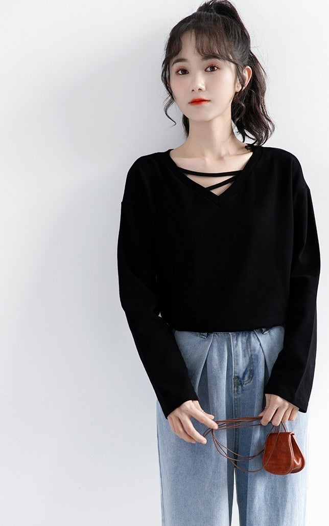 Black Vneck Long Sleeve Top