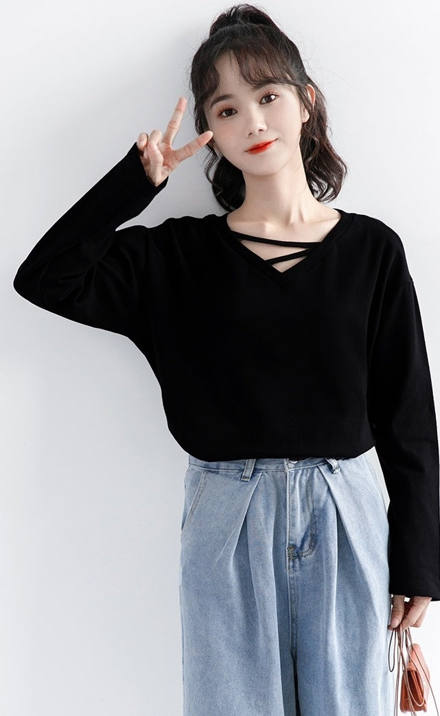 Black Vneck Long Sleeve Top