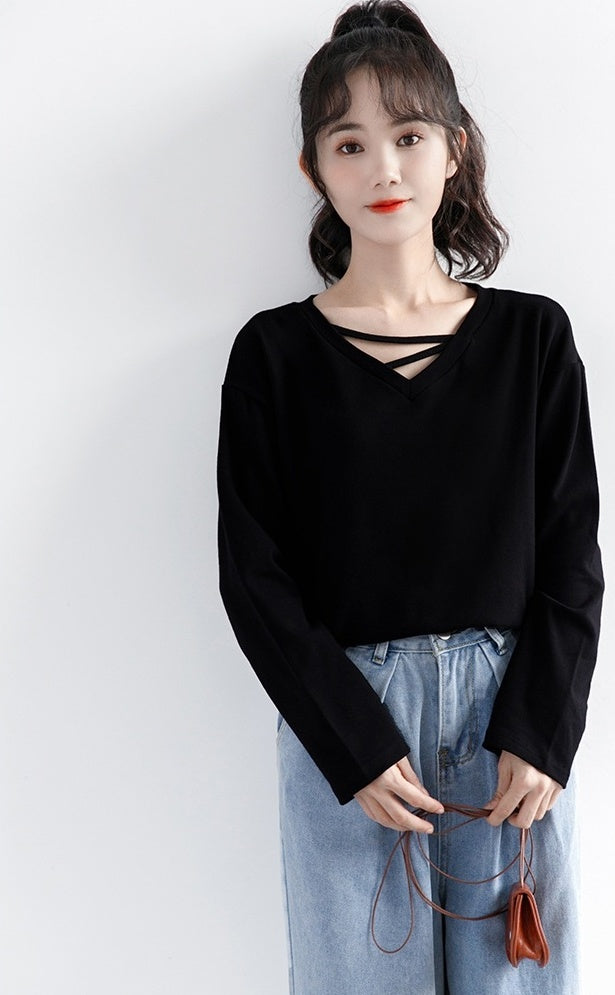 Black Vneck Long Sleeve Top