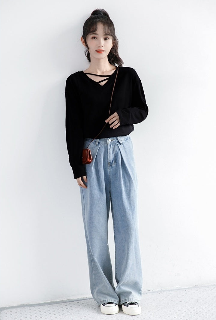 Black Vneck Long Sleeve Top