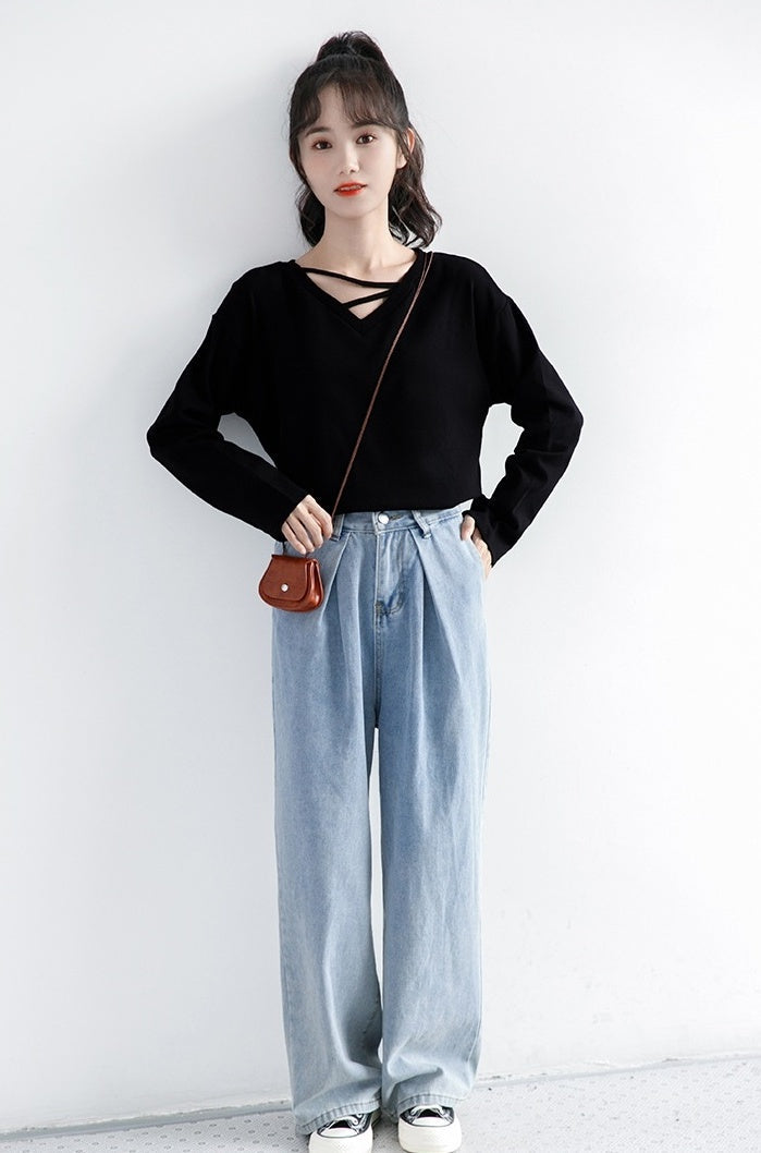Black Vneck Long Sleeve Top