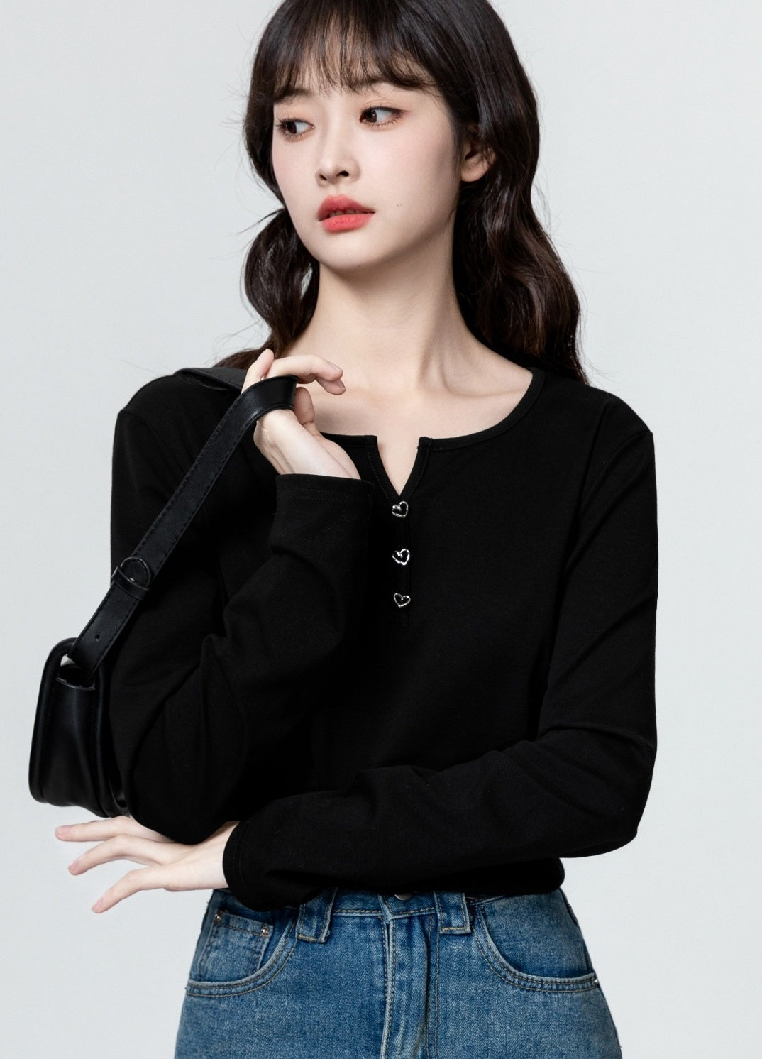 Black Vneck Long Sleeve Top
