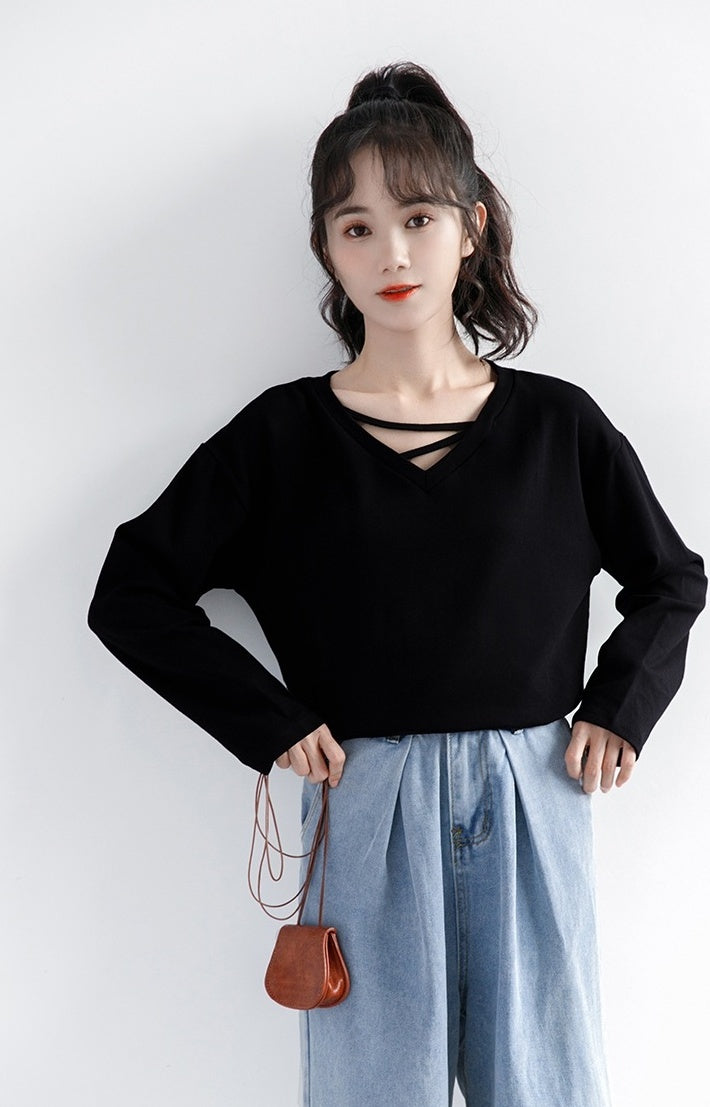 Black Vneck Long Sleeve Top