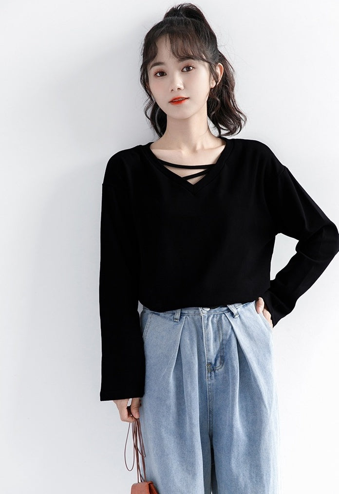 Black Vneck Long Sleeve Top