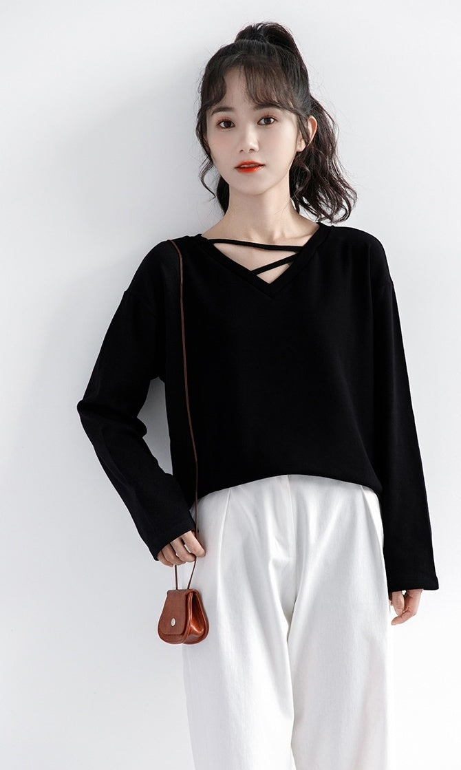 Black Vneck Long Sleeve Top