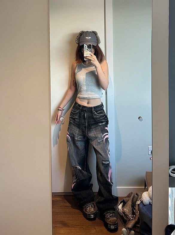 Black Washed Denim Tribal Print Jeans