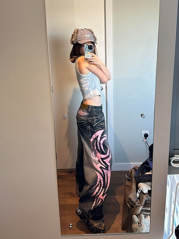 Black Washed Denim Tribal Print Jeans