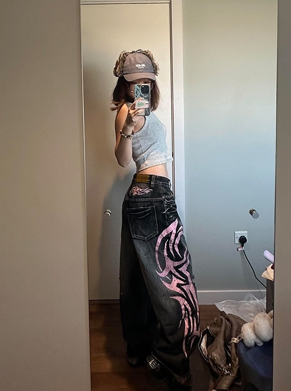 Black Washed Denim Tribal Print Jeans