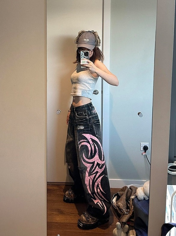 Black Washed Denim Tribal Print Jeans