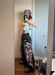 Black Washed Denim Tribal Print Jeans