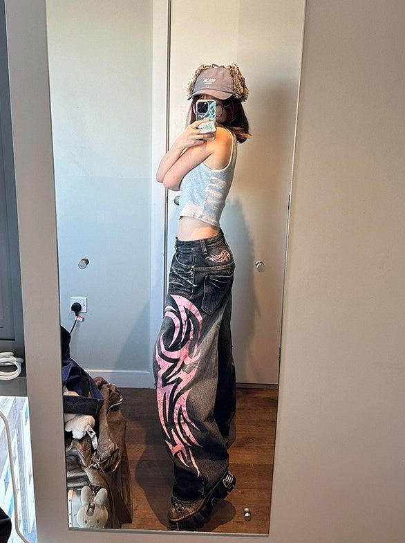 Black Washed Denim Tribal Print Jeans