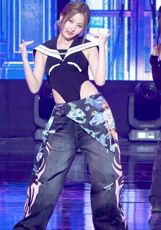 Black Washed Denim Tribal Print Jeans