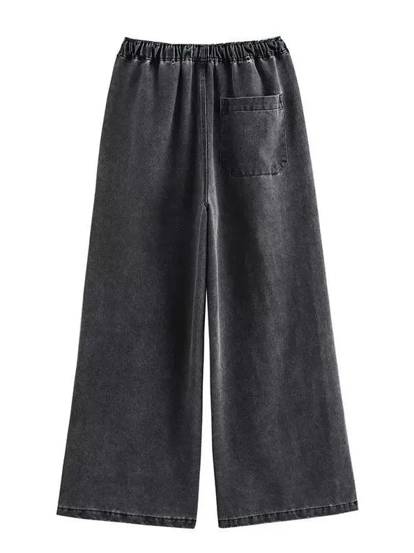 Black Washed Denim Wide Legs Pants
