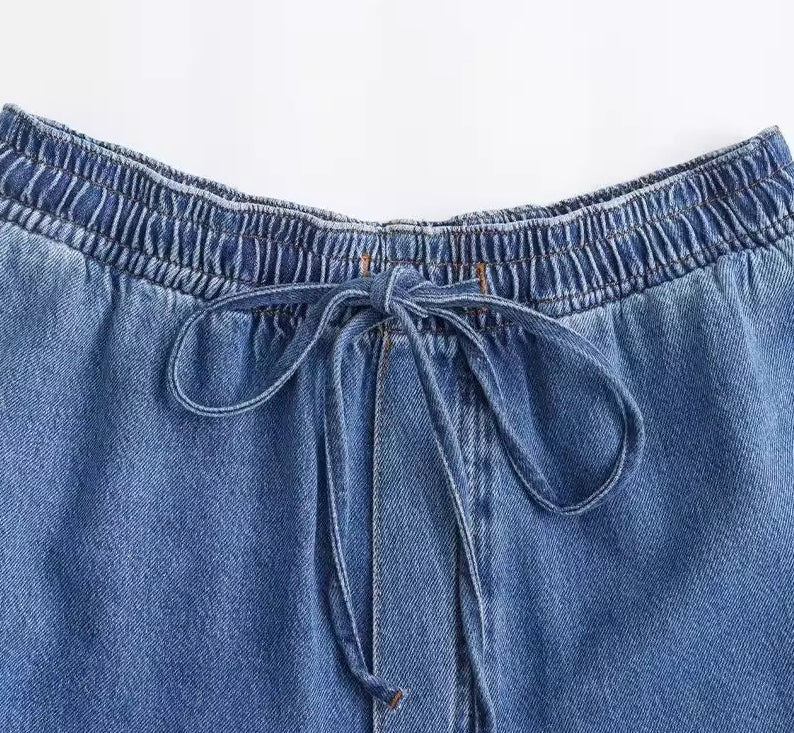 Black Washed Denim Wide Legs Pants