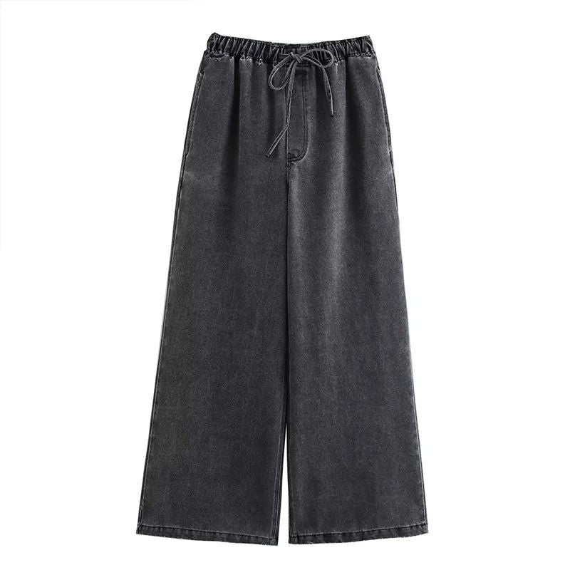 Black Washed Denim Wide Legs Pants