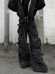 Black Washed Multi-Pockets Cargo Jeans