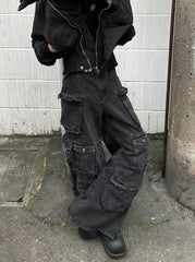 Black Washed Multi-Pockets Cargo Jeans