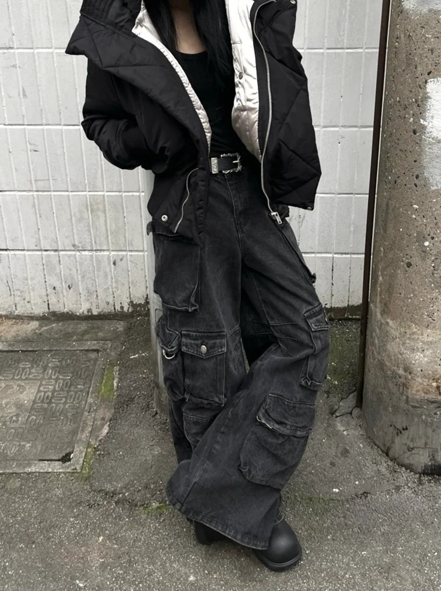 Black Washed Multi-Pockets Cargo Jeans